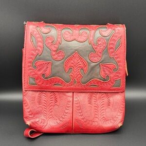 Red and Black Embossed Leather Crossbody Bag